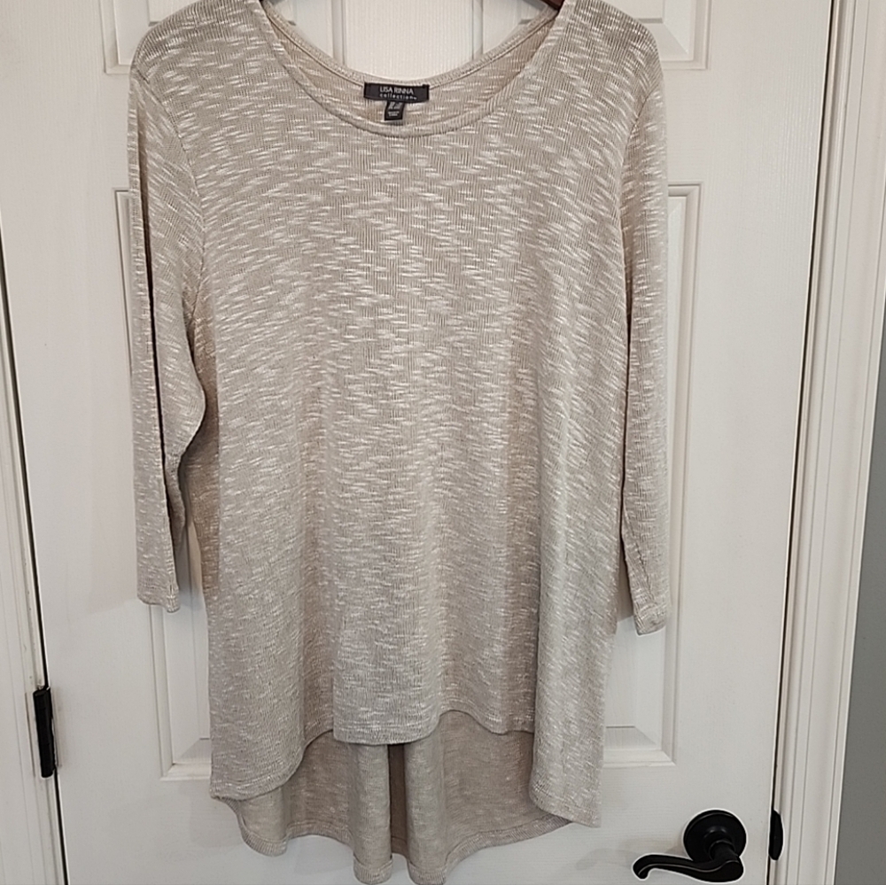 Lisa Rinna Collection Tan Marbled Knit Tunic Pullover Sweater 3/4 Slve Lightwght